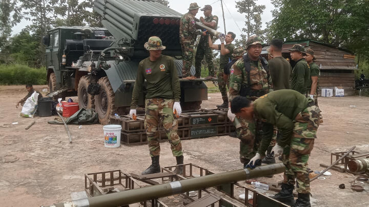 Cambodian soldiers reload the BM-21 multiple rocket launcher in Preah Vihear province on July 24, 2025. Thailand launched air strikes on Cambodian military targets on July 24 as Cambodia fired rockets