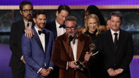 US-Canadian actor Seth Rogen accepts the Outstanding Comedy Series award for "The Studio" during the 77th Primetime Emmy Awards at the Peacock Theatre at LA Live in Los Angeles on September 14, 2025. 