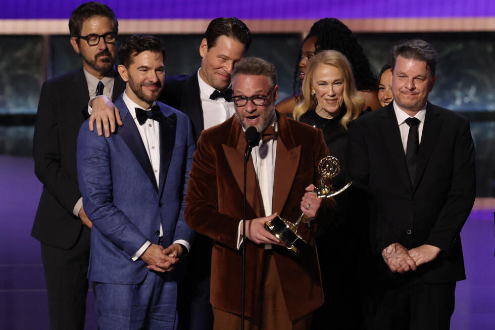 US-Canadian actor Seth Rogen accepts the Outstanding Comedy Series award for "The Studio" during the 77th Primetime Emmy Awards at the Peacock Theatre at LA Live in Los Angeles on September 14, 2025.