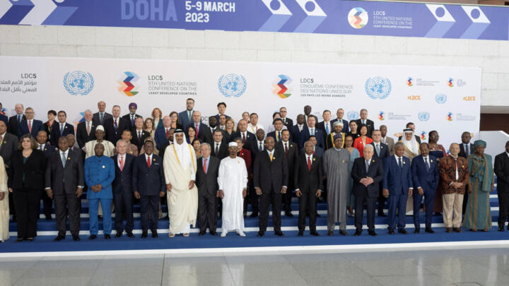 Leaders pose at the fifth United Nation Conference on the Least Developed Countries (LDC5) taking place in Al Rayyan, Qatar, March 5, 2023.