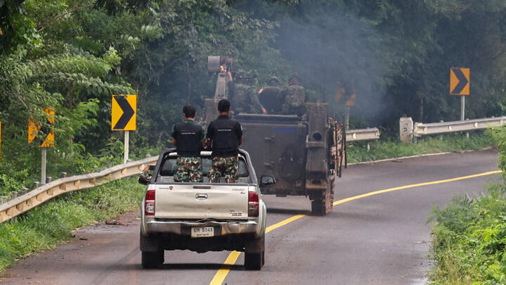Military vehicles are seen in Sisaket province, as Cambodia and Thailand each said the other had launched artillery attacks across contested border areas early on Sunday, hours after U.S. President Donald Trump said the leaders of both countries had agreed to work on a ceasefire, Thailand, July 27, 2025. REUTERS/Athit Perawongmetha