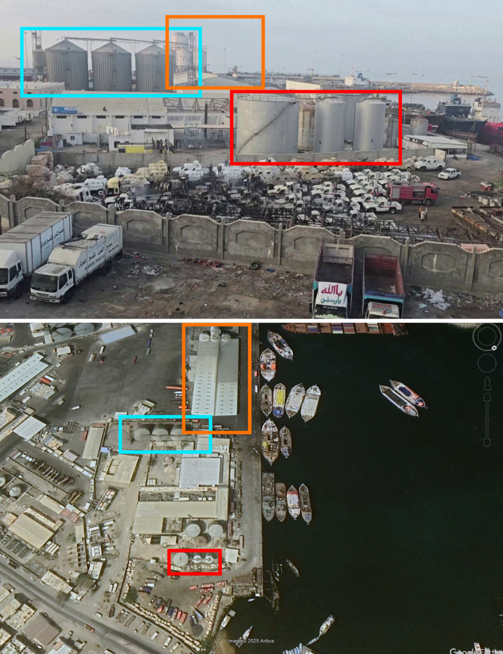 By comparing a still from the AFP video (top) with a Google Earth satellite view (bottom), several silos can be identified (marked here in red, blue, and orange). This indicates that the charred military vehicles were filmed in a parking lot located near the port of Mukalla.