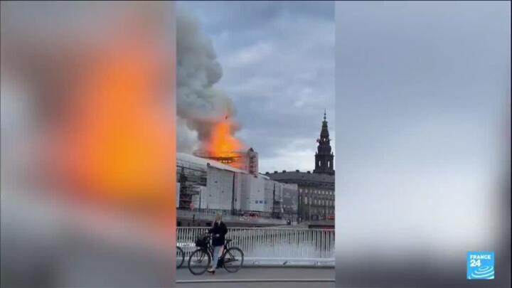 Fire breaks out at Copenhagen's historic stock exchange, spire collapses