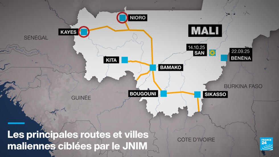Les principales routes et villes maliennes ciblées par le JNIM.