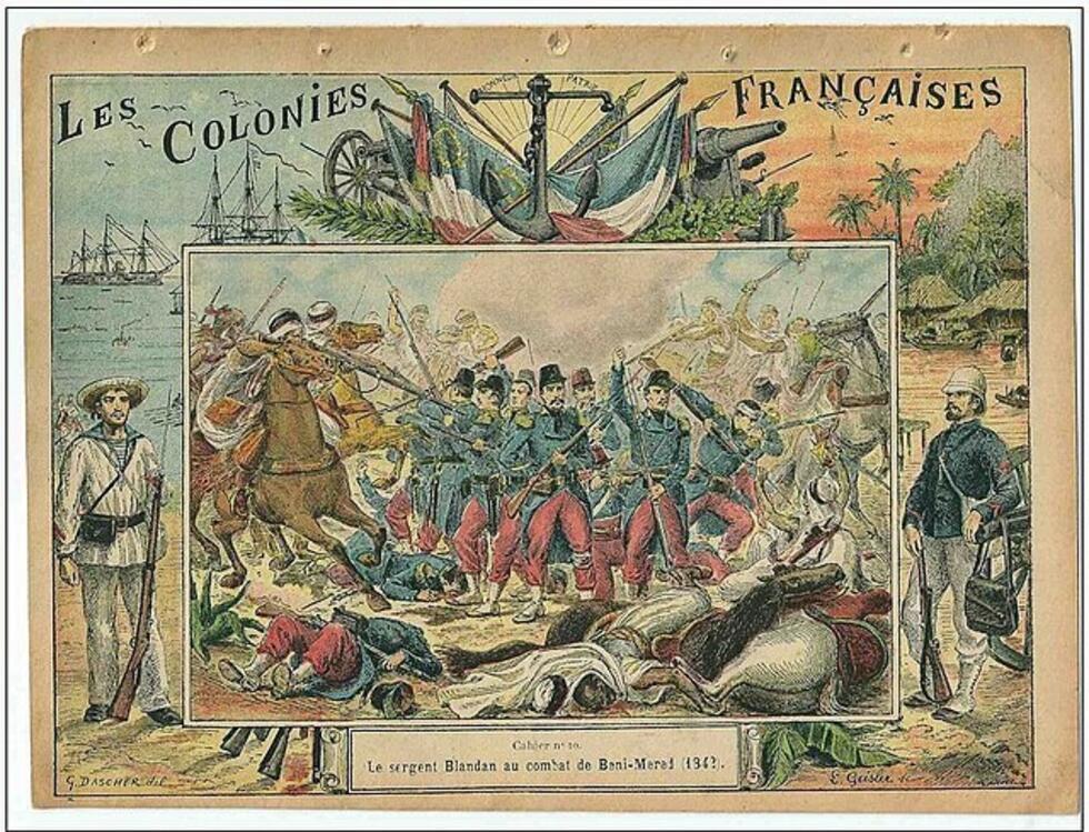 An illustration from 1894 depicting Sgt Blandan's last stand at the battle of Beni Mered.