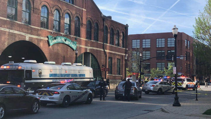 Louisville Metro Police deploy for an "active police situation" that includes mass casualties near Slugger Field in Louisville, Kentucky, USA, April 10, 2023.