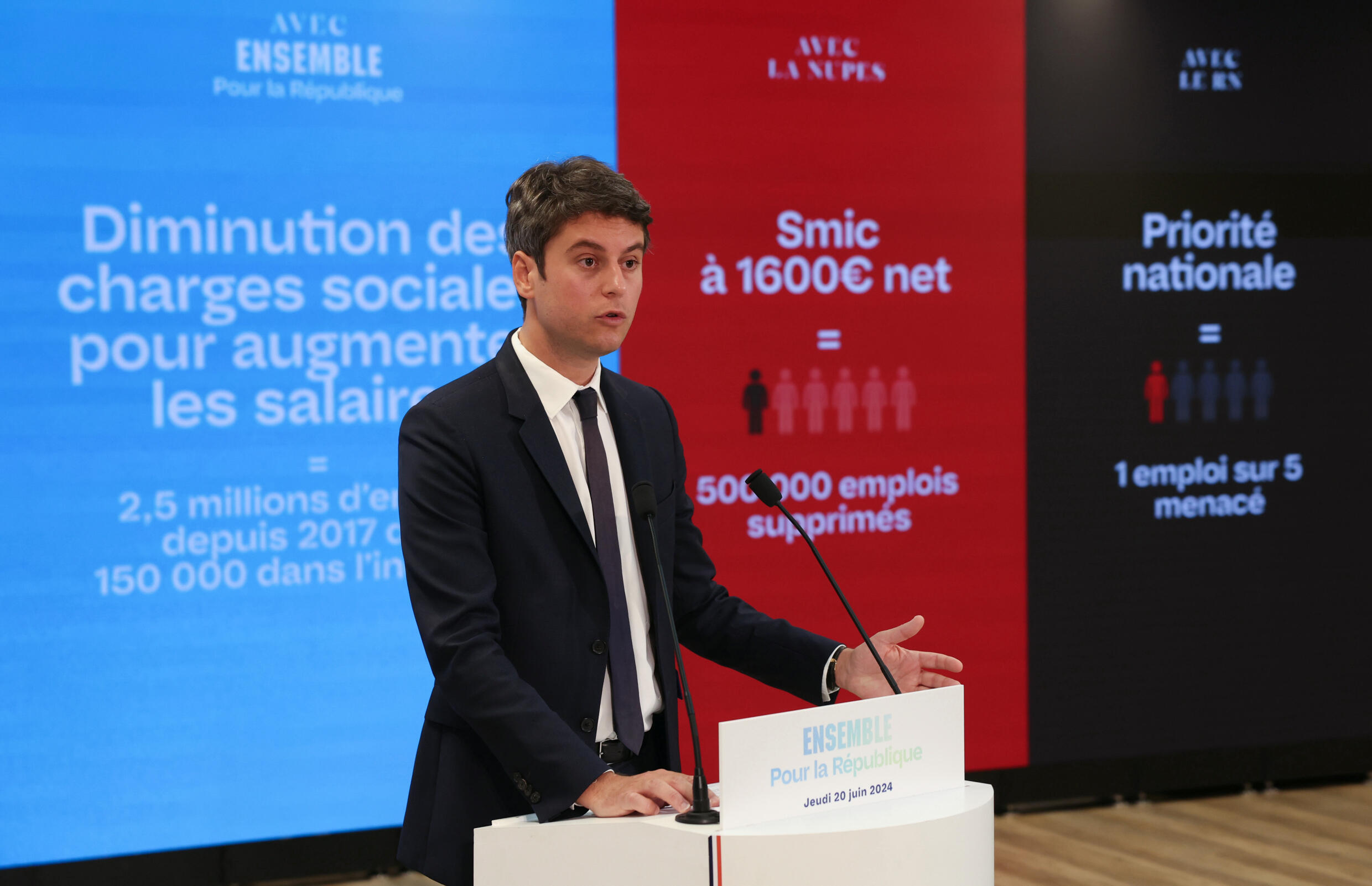 Le Premier ministre Gabriel Attal lors d'une conférence de presse intitulée "le jour d'après", présentant les mesures phares du programme d'Ensemble pour la République pour les législatives, le 20 juin 2024 à Paris
