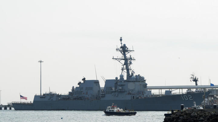 US Navy guided missile destroyer USS Sampson DDG-102 docks near the entrance to the Panama Canal, amid a large buildup of US naval forces in and around the Southern Caribbean.