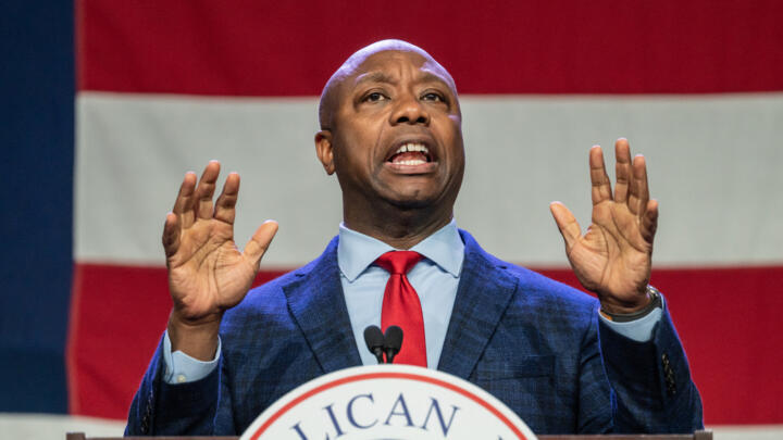 US Senator and 2024 Republican Presidential hopeful Tim Scott speaks at the Republican Party of Iowa's 2023 Lincoln Dinner at the Iowa Events Centre in Des Moines, Iowa on July 28, 2023.