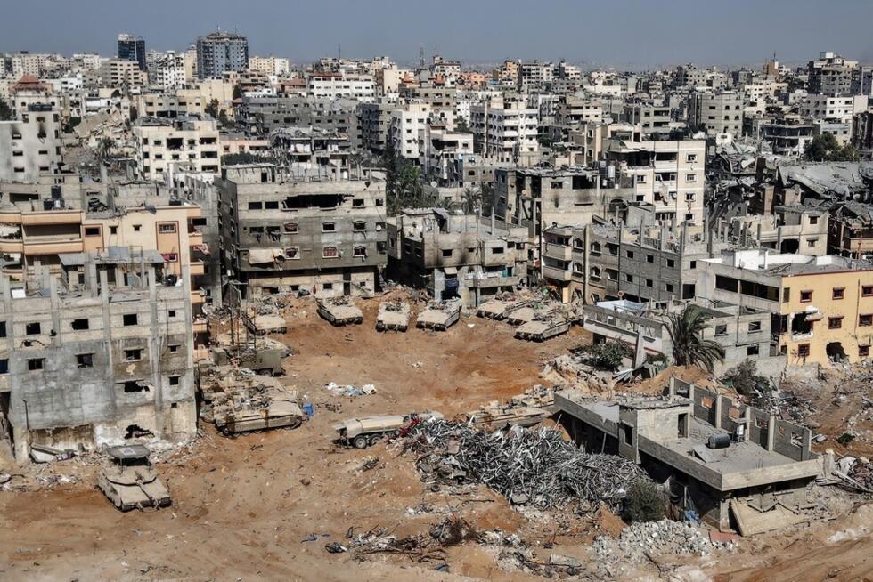 This aerial picture taken during a media tour organised by the Israeli army, shows war-damaged buildings in the vicinity of the Jordanian Field Hospital in Gaza City on October 3, 2025.