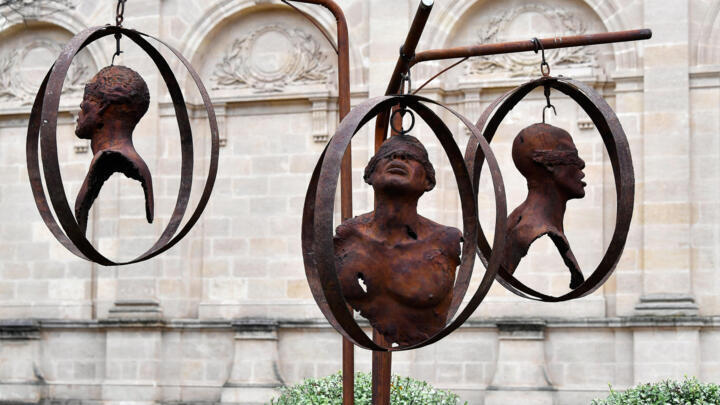 A memorial sculpture (by artist Sandrine Plante-Rougeol) is unveiled in the gardens of Bordeaux's city hall, on December 2, 2019, to mark the International day for the abolition of slavery.