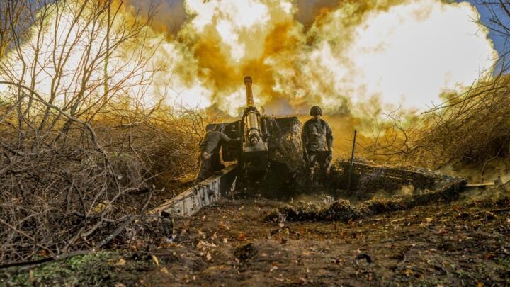 Ukrainian artillery shells Russian positions near the town of Bakhmut in the Donetsk region.