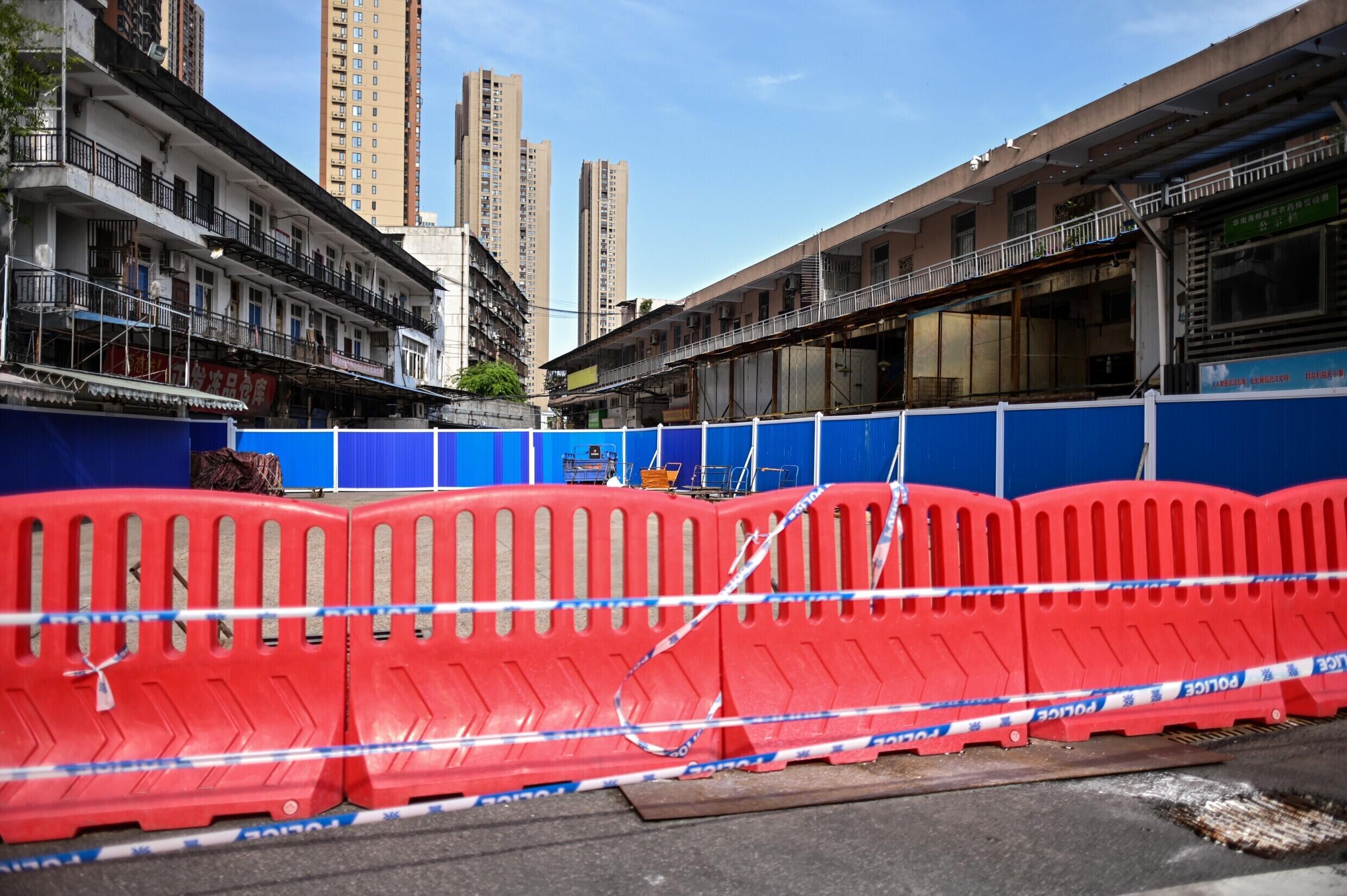 The Huanan Seafood Market in Wuhan, where an early cluster of Covid cases emerged, pictured closed in April 2020