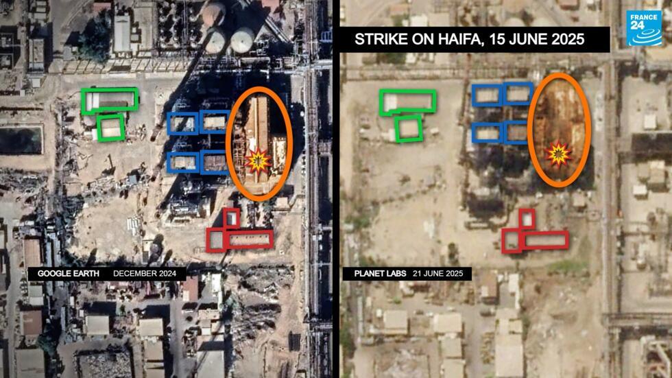 At left is a Google Earth satellite image from December 2024 showing the long, narrow roof of a building in the Haifa oil refinery (outlined in orange). In the image at right, taken on June 21, 2025, by Planet Labs, you can see that the roof has collapsed, leaving the building’s skeleton exposed. The surrounding buildings outlined in green, red, and blue enabled us to locate the site where the strike hit.