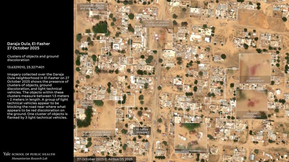 Yale’s Humanitarian Research Lab published this satellite image on October 27, 2025, which shows clusters of objects and red discolouration around them, consistent with mass killings, in several streets in the Daraja Oula neighbourhood in El-Fasher, Sudan.