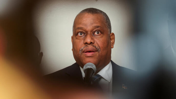 Haiti's Prime Minister Garry Conille attends a press conference at the Port-au-Prince airport after he participated in a UN Security Council meeting, in Port-au-Prince, Haiti, July 6, 2024.