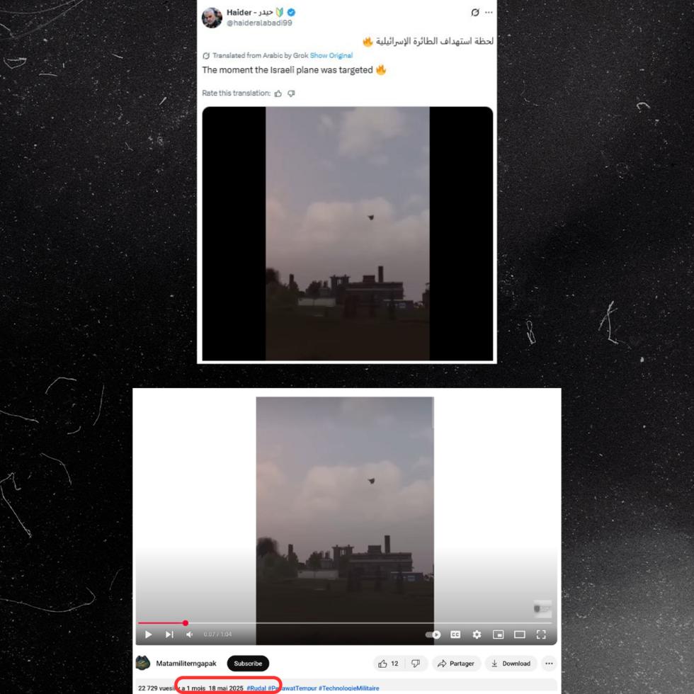 Above is a screenshot taken from a post that garnered more than six million views on X and claims to show a video of an Israeli F-35 downed by Iran. In reality, the video comes from a video game posted on a YouTube account in May (you can see the date outlined in red, below).