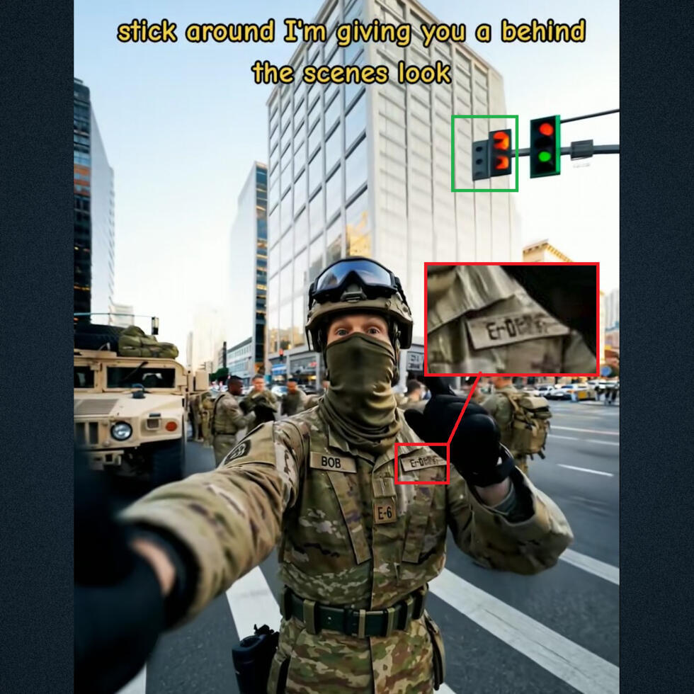 Dans la première scène de la vidéo publiée le 9 juin 2025 sur Tiktok, un écusson et un feu de signalisation présentent des anomalies. Détourage et zoom par la rédaction des Observateurs.