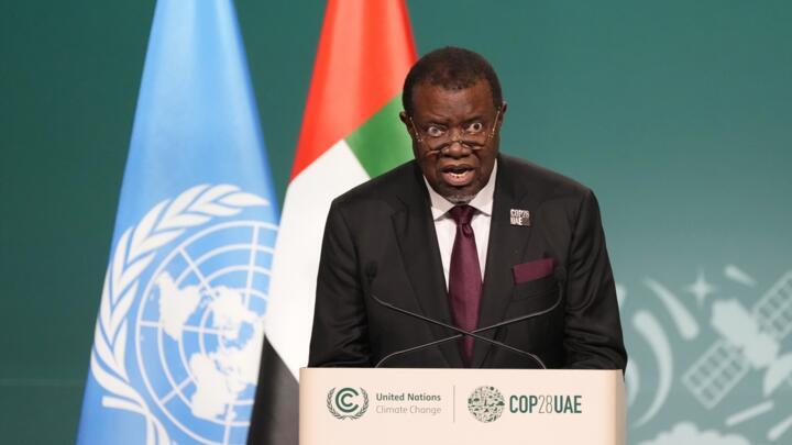 Namibian President Hage Geingob speaks during a plenary session at the COP28 UN Climate Summit on December 1, 2023 in Dubai, United Arab Emirates.