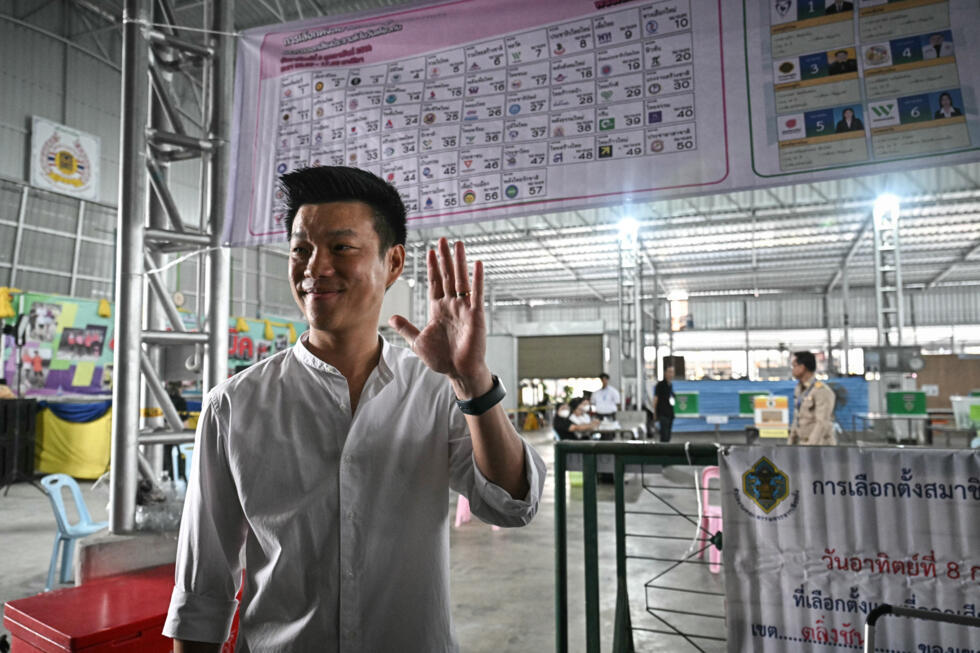 People's Party leader and prime ministerial candidate Natthaphong Ruengpanyawut after voting in Thailand's general election at a polling station in Bangkok