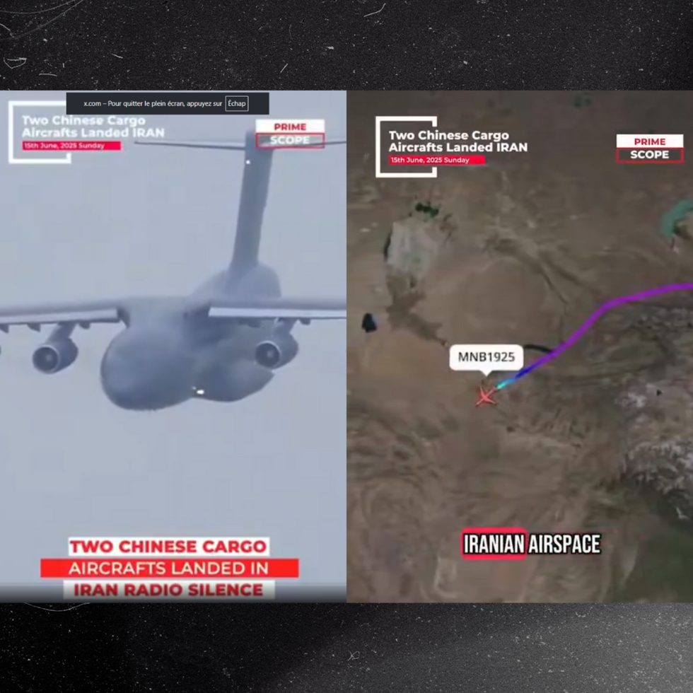 Captures d'écran de la vidéo du faux média Prime Scope. A droite, capture d'écran prise sur Flightradar24 montrant le trajet d'un vol, sous le nom "MNB1925", censé être en Iran.