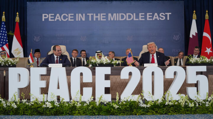 President Donald Trump speaks during a summit to support ending the more than two-year Israel-Hamas war in Gaza after a breakthrough ceasefire deal, Monday, Oct. 13, 2025, in Sharm El Sheikh, Egypt, as Egypt's President Abdel-Fattah el-Sissi listens at left.