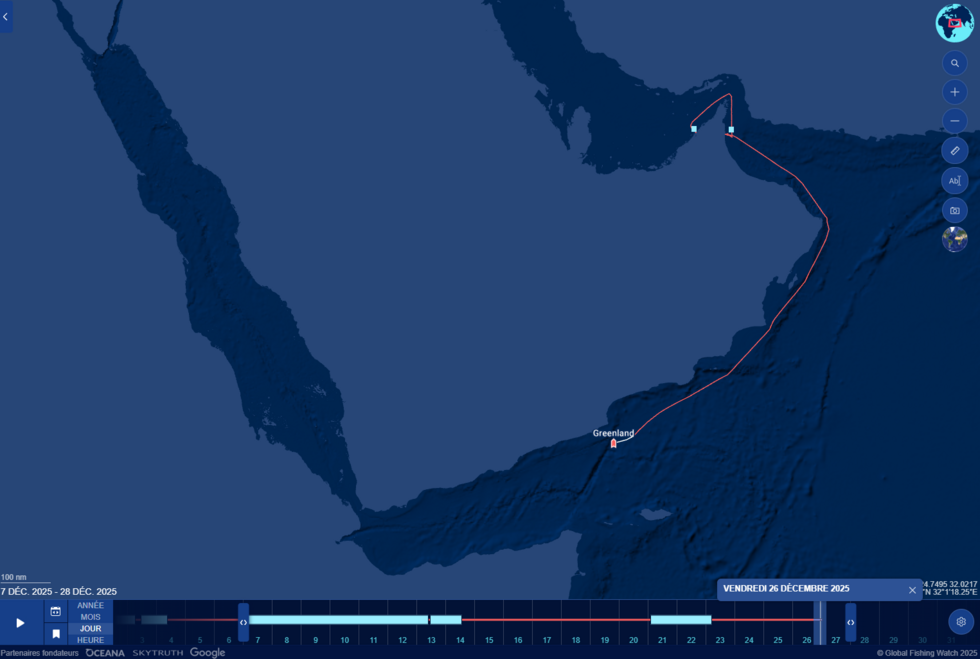 This is a screenshot from Global Fishing Watch, a vessel-tracking platform, which shows Greenland’s recent movements. The ship stopped at Dubai’s Jebel Ali port from December 7 to 14 and at the port of Fujairah between December 21 and 22. It then departed for Yemen before disabling its position-tracking system.