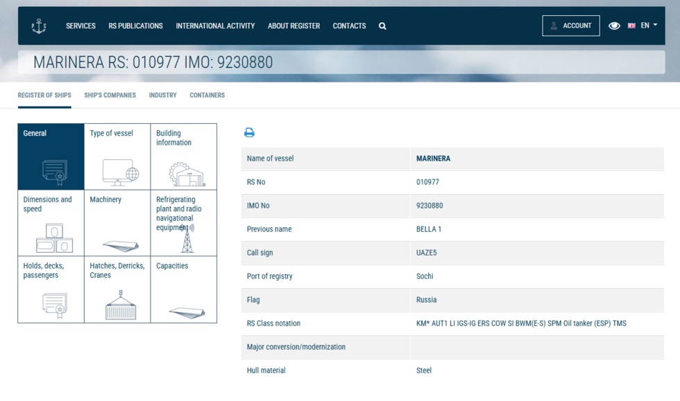 De Marinera verschijnt in het Russische maritieme register.