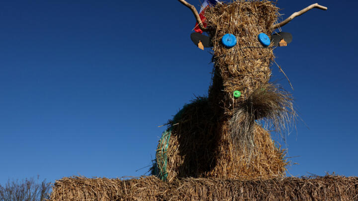 Manifestantes ubican una vaca hecha de heno para bloquear la autopista A64 cerca de Carbonne. 13 de diciembre 2025.