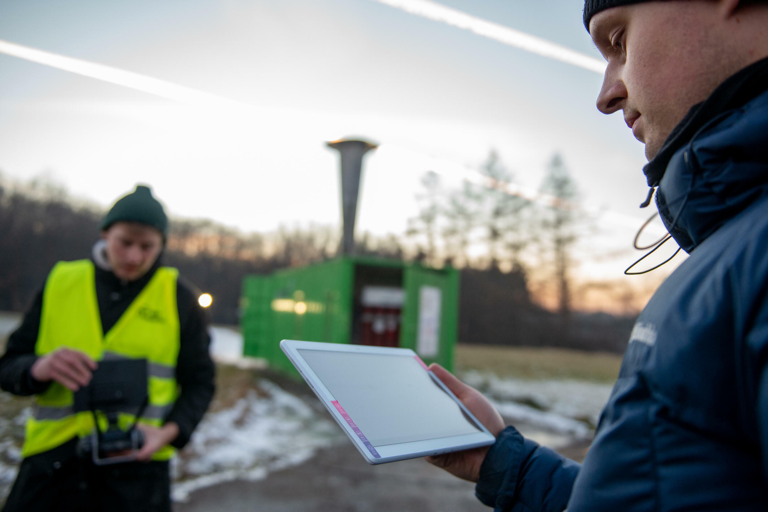 "We are using a vertical shockwave that is created by the combustion of acetylene and air," says Dominik Grybos, right