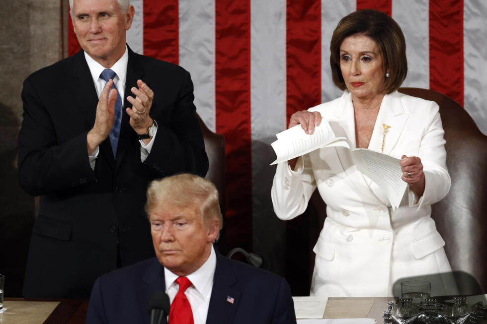 Pelosi, then-House speaker, tore her copy of Trump's s State of the Union address during a joint session of Congress on February 4, 2020.