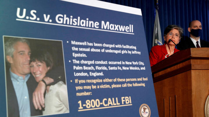 A file photo showing a news conference announcing charges against Ghislaine Maxwell for her role in the sexual exploitation and abuse of underage girls by Jeffrey Epstein in New York City, New York, US, July 2, 2020.