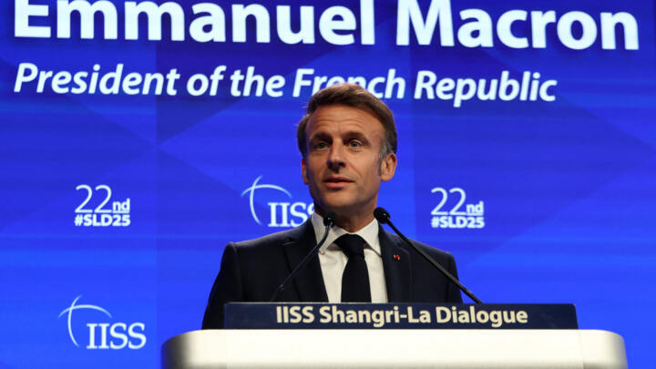 French President Emmanuel Macron delivers the keynote address at the Shangri-La Dialogue Summit in Singapore on May 30, 2025.