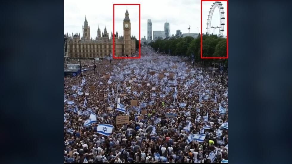 Capture d’écran d’une vidéo partagée par le compte versa_nova26 sur Instagram le 20 septembre 2025. Encadrée à droite : Big Ben rattachée au Parlement britannique. Encadré à droite : la roue du London Eye. En réalité la London Eye se situe de l’autre côté de la Tamise et ne serait pas visible dans une image prise de cet angle.  Instagram