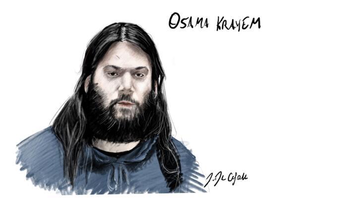 This sketch, made on 19 April 2023, shows Swedish jihadist Osama Krayem during his trial before the Brussels Assize Court for his involvement in the March 2016 attacks in Belgium.