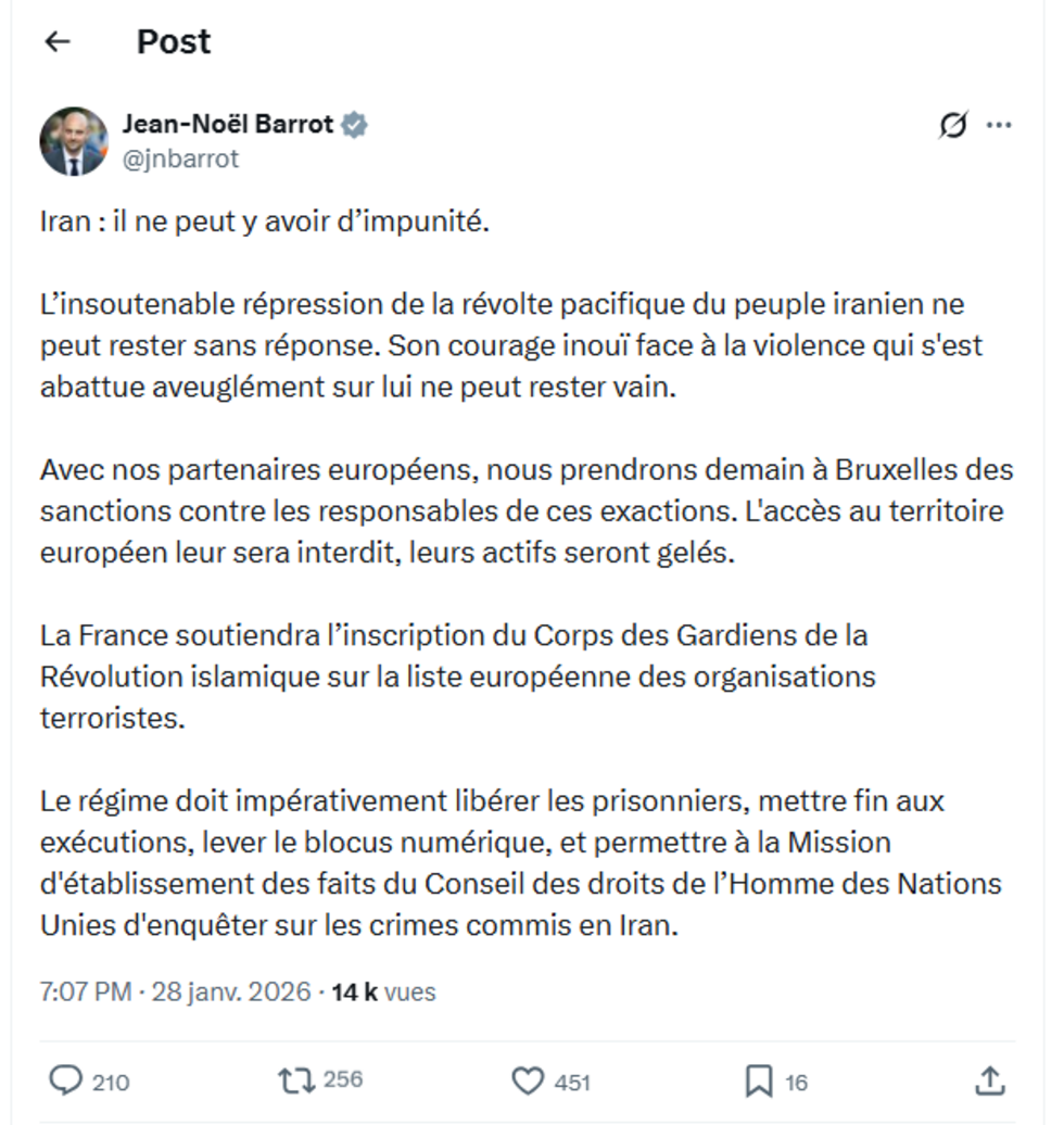Capture d'écran de la publication de Jean-Noël Barrot sur X le 28 janvier 2026.