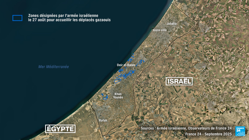 Carte localisant les zones indiquées comme inoccupées par l’armée israélienne le 27 août 2025.