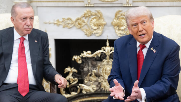 US President Donald Trump speaks to the press a he meets meets with Turkey's President Recep Tayyip Erdogan in the Oval Office of the White House in Washington, DC, on September 25, 2025.