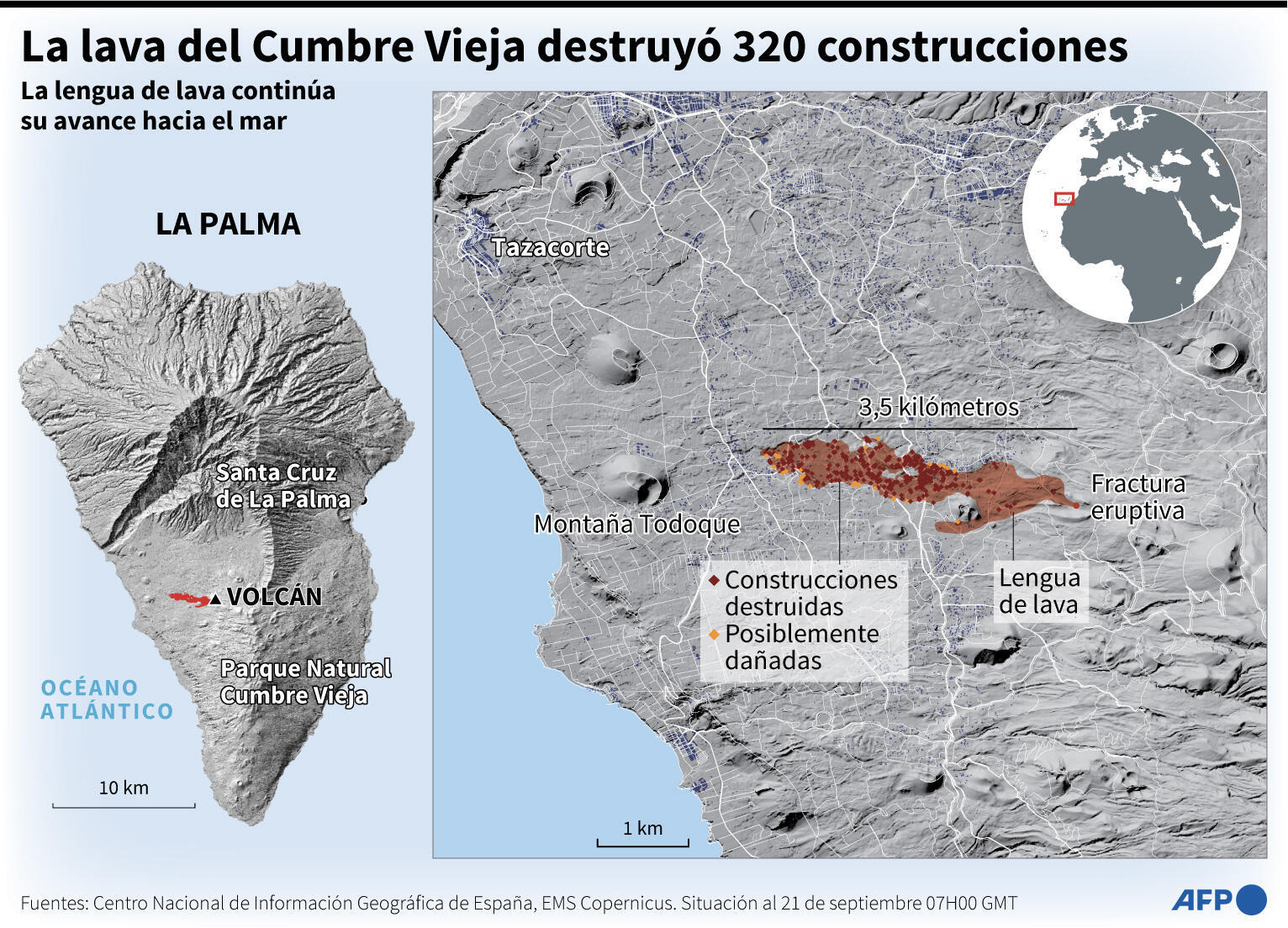 Mapa de la isla de La Palma destacando la lengua de lava que desprendió el volcán Cumbre Vieja, que destruyó 320 construcciones y sigue su avance hacia el mar