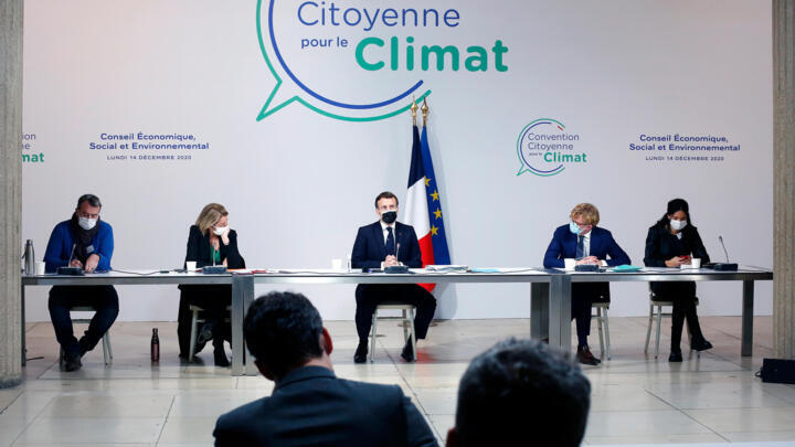 French President Emmanuel Macron at a meeting of the Citizens' Convention on Climate in Paris on December, 14, 2020.