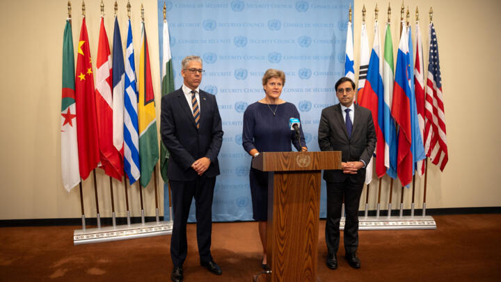 United Kingdom's Ambassador to the United Nations Barbara Woodward, accompanied by other E3 members German Ambassador Ricklef Beutin and Deputy French Ambassador Jay Dharmadhikari, speaks to members of the press about Iran and nuclear weapons at UN Headquarters in New York City, US, August 29, 2025.