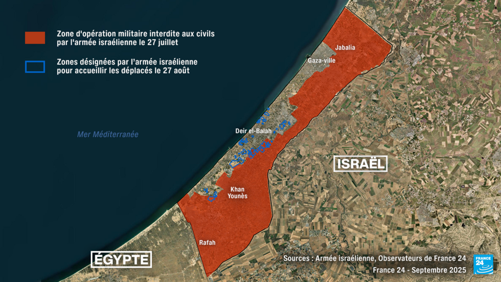 Carte localisant les zones indiquées comme inoccupées par l’armée israélienne le 27 août 2025 et les zones déclarées dangereuses par l’armée le 27 juillet.