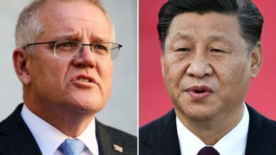 This combination of file photos shows Australian Prime Minister Scott Morrison (L) speaking during a press conference in Canberra on August 17, 2021; and China's President Xi Jinping (R) speaking at Macau's international airport on December 18, 2019.