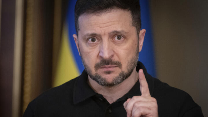 Ukrainian President Volodymyr Zelensky speaks during a briefing in Kyiv on April 17, 2025. 
