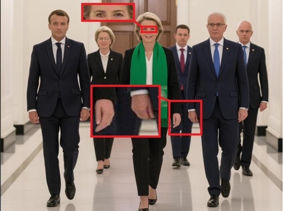 Cette image des responsables européens dans un couloir de la Maison Blanche a été générée par intelligence artificielle.