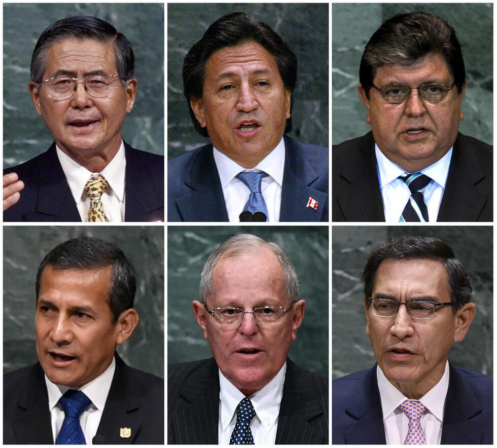Expresidentes peruanos:
(arriba, I a D) Alberto Fujimori (1990-2000), Alejandro Toledo (2001-2006), Alan García (1985-1990 y 2006-2011)
(abajo, I a D) Ollanta Humala (2011-2016), Pedro Pablo Kuczynski (2016-2018), Martín Vizcarra (2018-2020)
