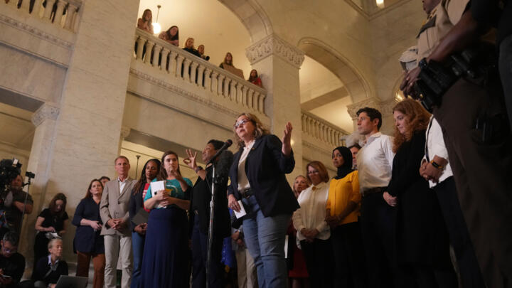 Minnesota State Rep. Emma Greenman speaks during a news conference in Minneapolis City Hall, Thursday, Aug. 28, 2025, in Minneapolis.