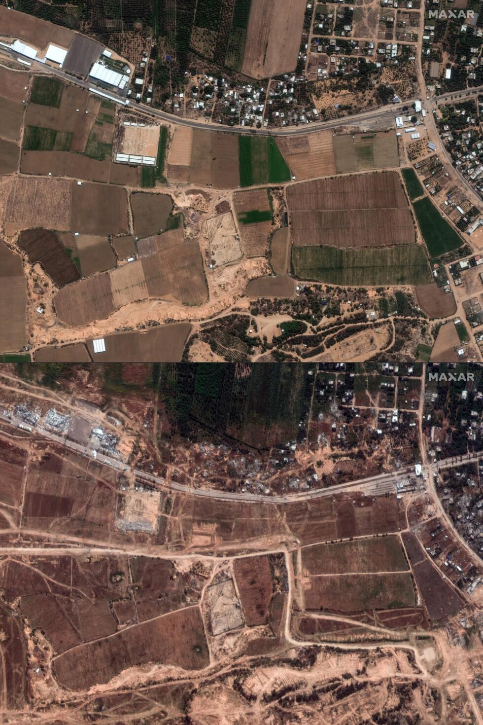 Combinación creada el 5 de abril de 2024 a partir de imágenes satelitales publicadas por Maxar Technologies con fecha del 18 de septiembre de 2023 (arriba) y del 5 de abril de 2024 (abajo) que muestran la destrucción a lo largo de la carretera Salah al-Din, al sur del paso fronterizo de Erez, entre el norte de Gaza e Israel.