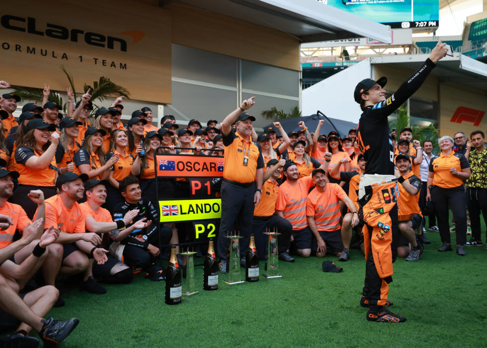 The McLaren team celebrate their 1-2 in Miami after Oscar Piastri crossed the line ahead of Lando Norris