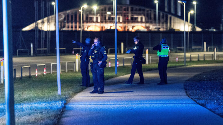 Police outside Copenhagen airport after drones were reported flying overhead earlier this week, on September 22, 2025.